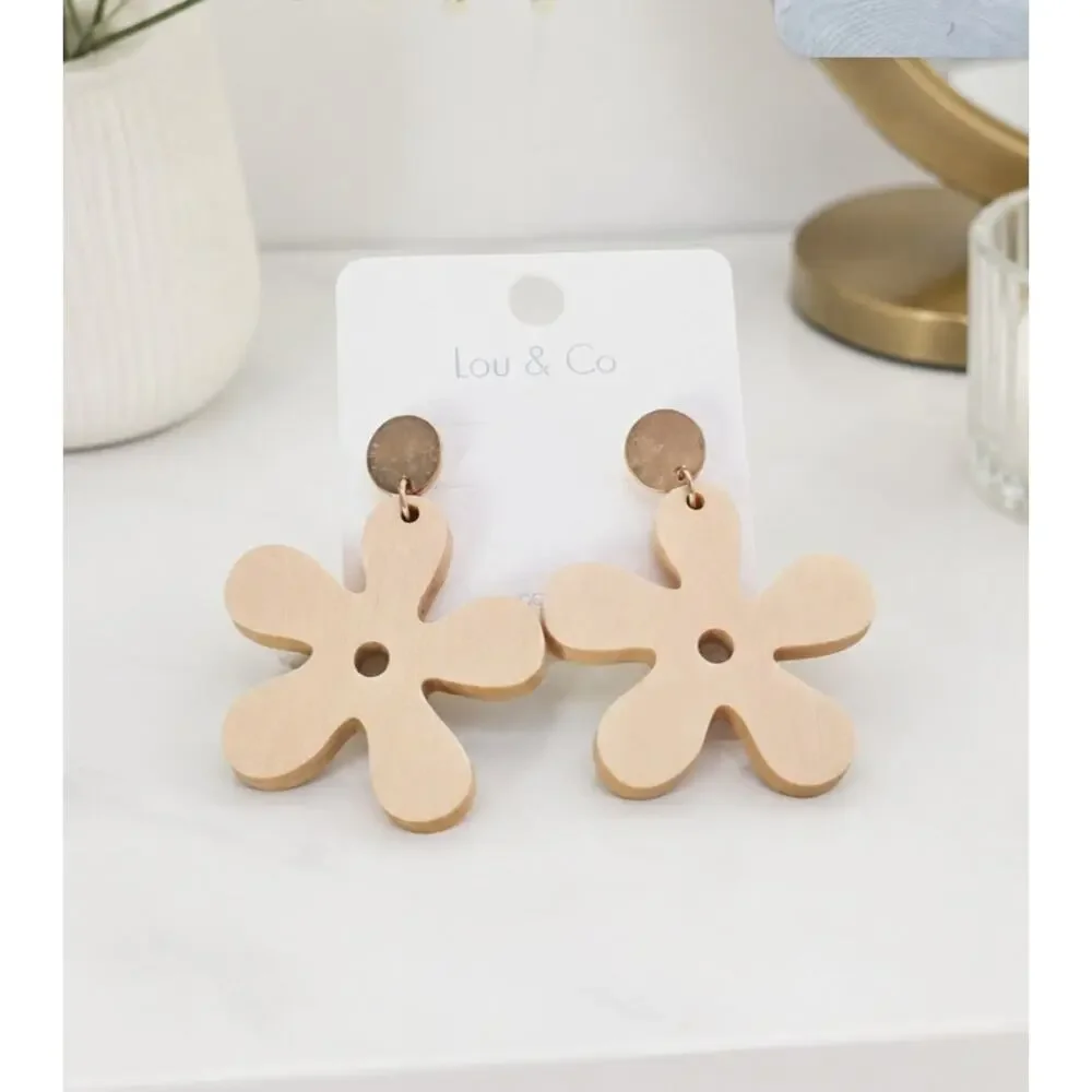 Lou & Co Gold Wood Flower Earringd New